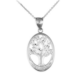 Silver Tree Of Life Oval Charm Pendant Necklace