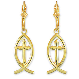 Gold Ichthus Cross Earrings