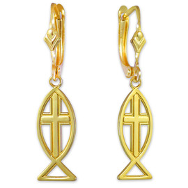 Yellow Gold Ichthus Cross Earrings