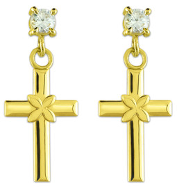 Gold Four Leaf Clover Cross CZ Post Earrings