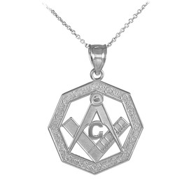 White Gold Freemason Octagonal Masonic Bail Pendant Necklace