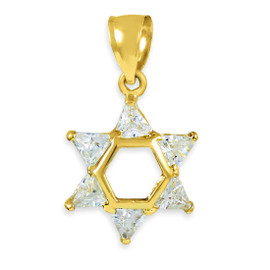 Yellow Gold Star of David Clear CZ Pendant