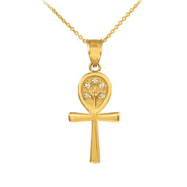 Yellow Gold Ankh Cross Tree of Life CZ Pendant Necklace