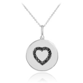 Heart disc pendant necklace with black diamonds in 14k white gold.