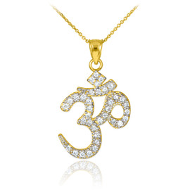 CZ Ohm/Om pendant necklace in 14k yellow gold.
