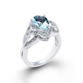 14K White Gold Pear Shaped Aquamarine and Diamond Engagement Ring