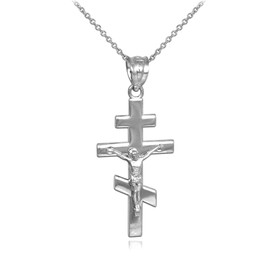 White Gold Russian Orthodox Crucifix Pendant Necklace