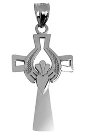 White Gold Irish Celtic Claddagh Cross Pendant