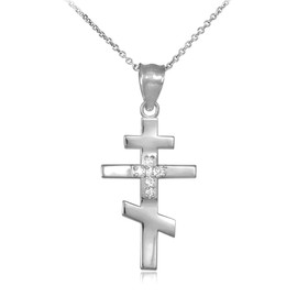 CZ Studded Silver Russian Orthodox Cross Pendant Necklace