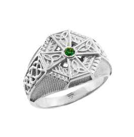 White Gold Celtic Cross Green CZ Mens Emerald Ring