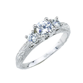 White Gold Art Deco 3 Stone CZ Engagement Ring