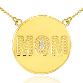 14K Gold "MOM" Script Diamond Disc Necklace