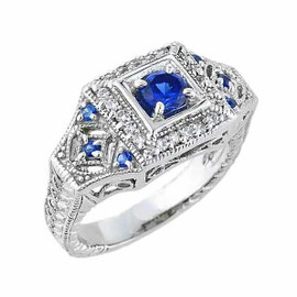White Gold Art Deco Blue CZ Engagement Ring (0.61 ct)