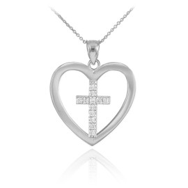 White Gold Open Heart Diamond Cross Pendant Necklace