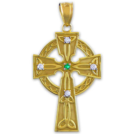 Gold Celtic Trinity Diamond Cross Pendant with Emerald