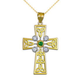 Gold Celtic Cross Trinity Knot Diamond Pendant with Emerald