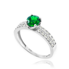 Genuine Emerald White Gold Diamond Pave Engagement Ring