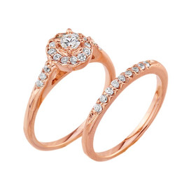10k Rose Gold CZ Halo Wedding Engagement Ring Set