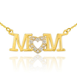 14K Gold MOM Diamond Studded Heart Horizontal Necklace