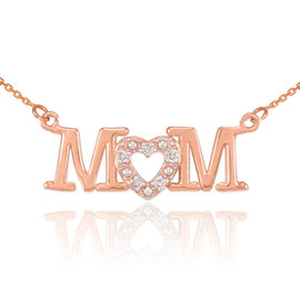 14K Rose Gold MOM Diamond Studded Heart Horizontal Necklace