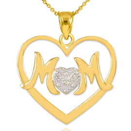 14K Gold Diamond Pave Heart "MOM" Pendant Necklace