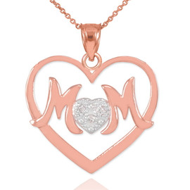 14K Rose Gold Diamond Pave Heart "MOM" Pendant Necklace