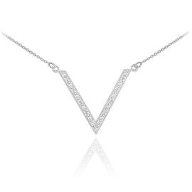 14K White Gold Diamond Studded V Necklace