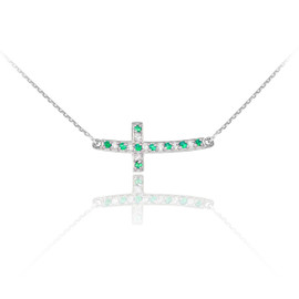 14K White Gold Cute Sideways Curved Cross Green and Clear CZ Necklace