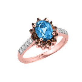 14k Rose Gold Blue Topaz and Diamond Ladies Ring