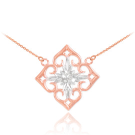 14k Two-Tone Rose Gold Diamond Cut Flower Necklace