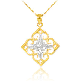 14k Two-Tone Gold Diamond Cut Flower Pendant Necklace