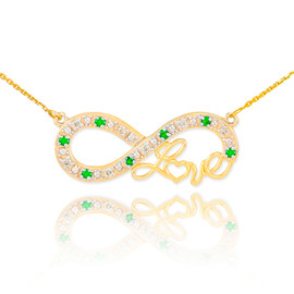 14k Gold Emerald Infinity "Love" Script Necklace with Diamonds