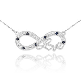 14k White Gold Infinity "Love" Script Necklace with Black and Clear Diamonds