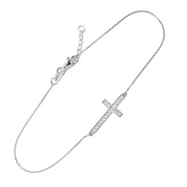 14K White Gold Sideways Cross Cute CZ Bracelet