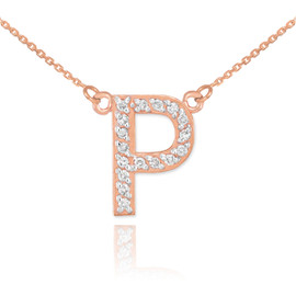 14k Rose Gold Letter "P" Diamond Initial Necklace