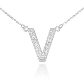 14k White Gold Letter "V" Diamond Initial Necklace