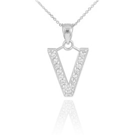 White Gold Letter "V" Diamond Initial Pendant Necklace