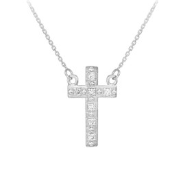 14k White Gold Small Cross Necklace with Diamonds