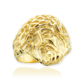 Gold Jesus Face Diamond Cut Ring