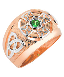Two-Tone Rose Gold Celtic Green Emerald CZ Mens Ring