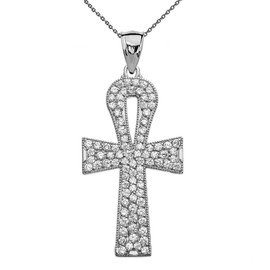 1 Carat Cubic Zirconia Sterling Silver Ankh Cross Pendant Necklace