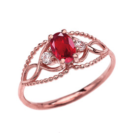 Elegant Beaded Solitaire Ring With Ruby Centerstone and White Topaz in Rose Gold