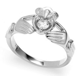 White Gold Diamond Claddagh Crown and Heart Engagement Ring