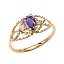 Elegant Beaded Solitaire Ring With June Birthstone Purple CZ Centerstone and White Topaz in Yellow Gold