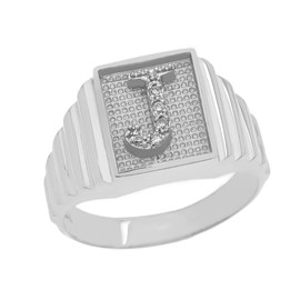 White Gold Diamond Initial J  Ring