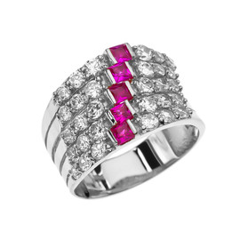 Fancy Five Raw Red and White CZ White Gold Modern Ring