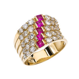 Fancy Five Raw Red and White CZ Yellow Gold Modern Ring