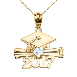 Yellow Gold Heart March Birthstone Aqua CZ Class of 2017 Graduation Pendant Necklace