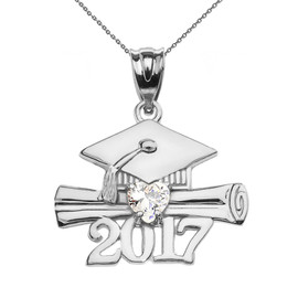 Sterling Silver Heart April Birthstone White CZ Class of 2017 Graduation Pendant Necklace