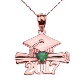 Rose Gold Heart May Birthstone Green CZ Class of 2017 Graduation Pendant Necklace